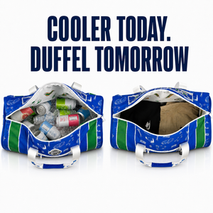Two-blue-and-green-patterned-duffel-bags-shown-side-by-side-on-a-white-background-with-large-text-above-reading-'COOLER-TODAY.-DUFFEL-TOMORROW.