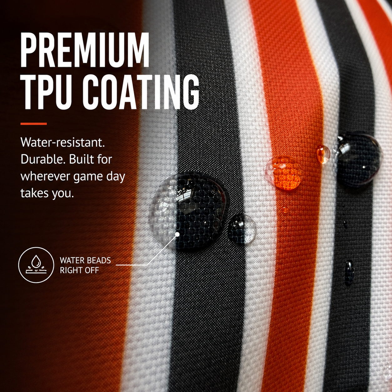 Close-up-of-a-striped-fabric-surface-with-water-droplets-beading-off-it,-with-text-reading-'PREMIUM-TPU-COATING'-and-'Water-resistant.-Durable.