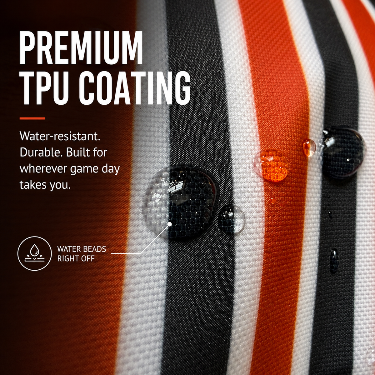 Close-up of a striped fabric surface with water droplets beading off it, with text reading 'PREMIUM TPU COATING' and 'Water-resistant. Durable.