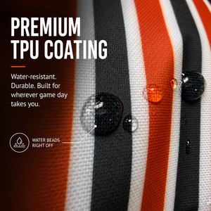 Close-up-of-a-striped-fabric-surface-with-water-droplets-beading-off-it,-with-text-reading-'PREMIUM-TPU-COATING'-and-'Water-resistant.-Durable.