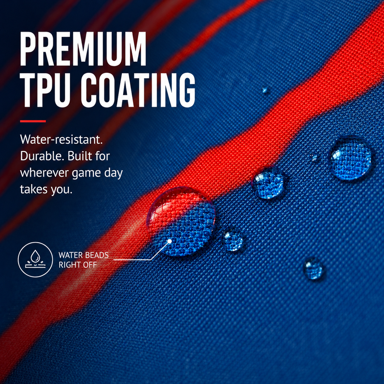 Promotional-graphic-for-premium-TPU-coating-on-a-blue-athletic-fabric-surface-with-a-red-stripe.-Large-white-text-reads-'PREMIUM-TPU-COATING'-with-supporting-copy-about-water-resistance-and-durability.