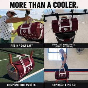 A-four-panel-promotional-collage-showing-a-maroon-and-white-Texas-A&M-University-duffel-bag-in-different-use-cases.-The-top-text-reads-'MORE-THAN-A-COOLER.
