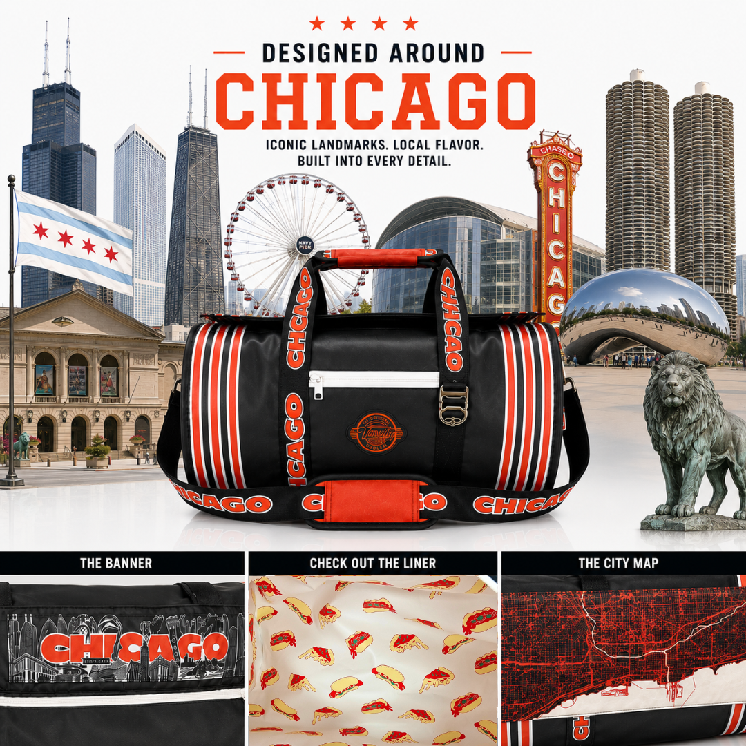 A-navy-Chicago-themed-duffel-bag-with-red-and-white-stripes,-shown-over-a-Chicago-cityscape-collage.-The-bag-has-'CHICAGO'-printed-repeatedly-on-the-straps-and-a-circular-Chicago-logo-patch-on-the-front.