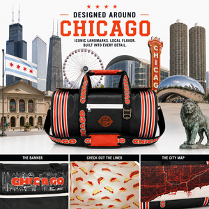 A-navy-Chicago-themed-duffel-bag-with-red-and-white-stripes,-shown-over-a-Chicago-cityscape-collage.-The-bag-has-'CHICAGO'-printed-repeatedly-on-the-straps-and-a-circular-Chicago-logo-patch-on-the-front.