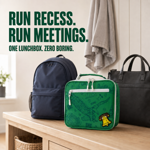 Kelly-green-Philadelphia-lunch-cooler-beside-a-school-backpack-and-professional-work-tote