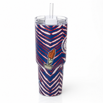 Buffalo 30 oz vacuum-insulated stainless-steel tumbler with red, white and blue wrap and clear lid