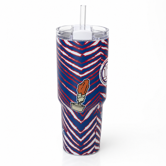 Buffalo 30 oz vacuum-insulated stainless-steel tumbler with red, white and blue wrap and clear lid