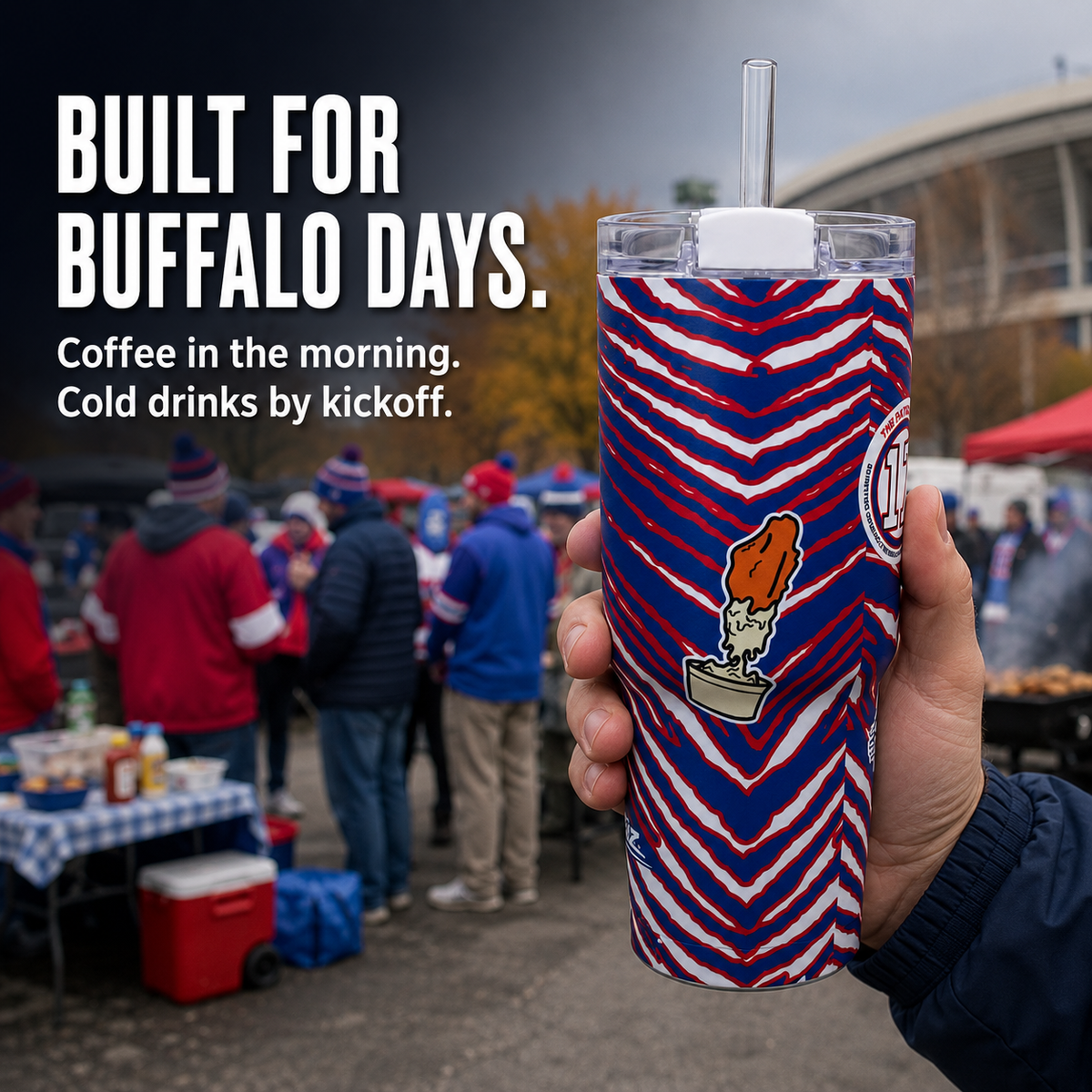 Buffalo 30 oz insulated tumbler at an outdoor tailgate