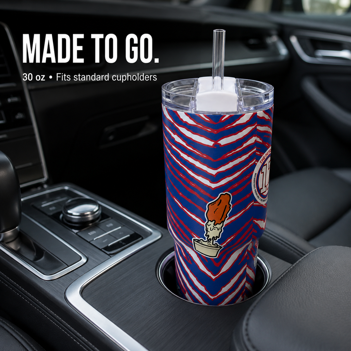Buffalo 30 oz tumbler fitting inside a standard vehicle cupholder