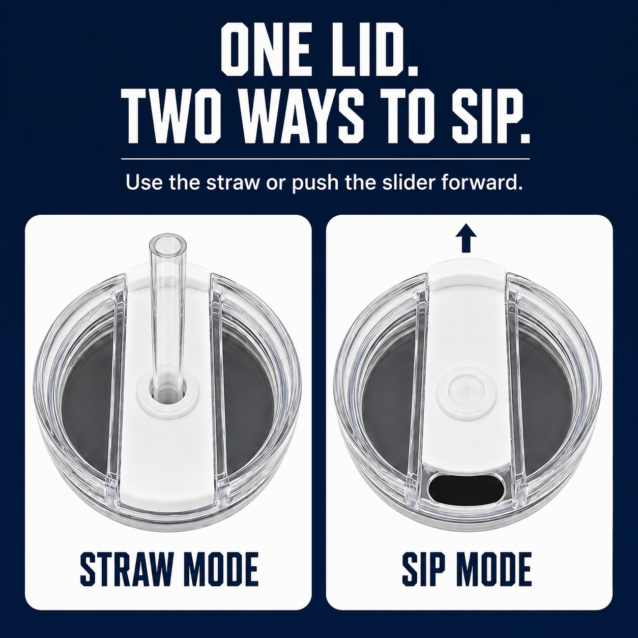 Top views of the tumbler lid in straw mode and direct-sip mode