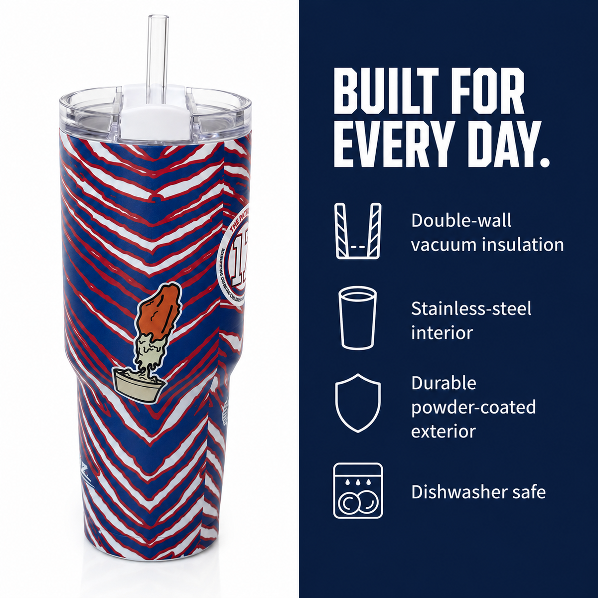 Buffalo tumbler with vacuum insulation, stainless-steel interior and dishwasher-safe construction