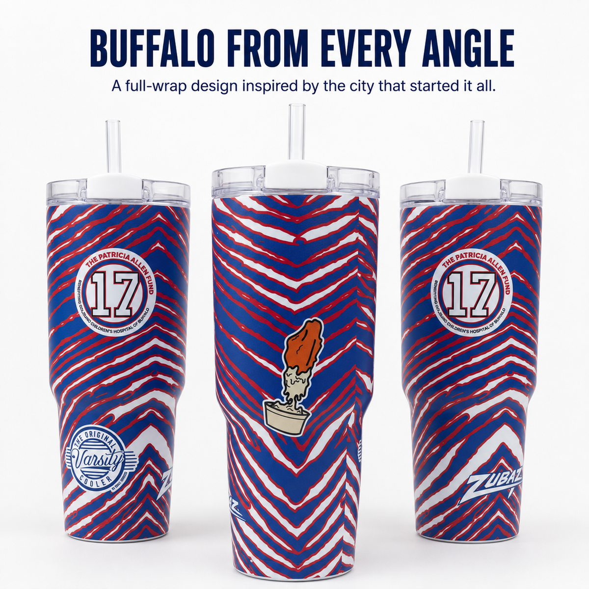 Front, side and back views of the Buffalo 30 oz insulated tumbler and wraparound artwork