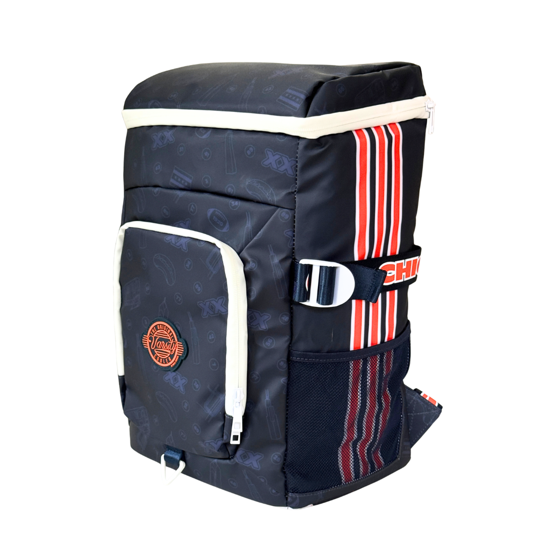 Chicago Backpack Cooler front view in navy, orange and cream