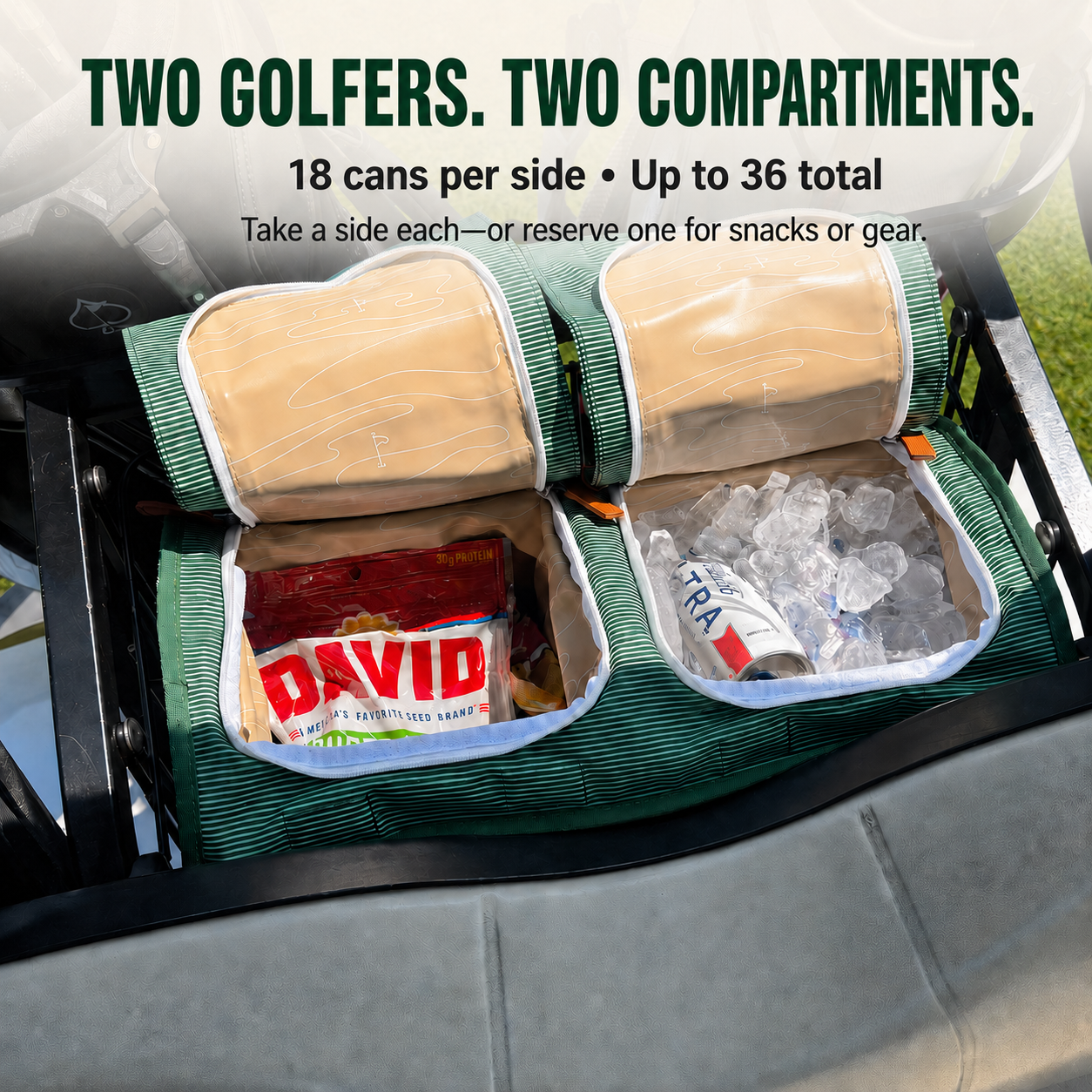 Course-Cruiser-open-in-a-golf-cart-with-two-separate-compartments-for-drinks,-snacks-or-gear-and-up-to-36-cans-total.