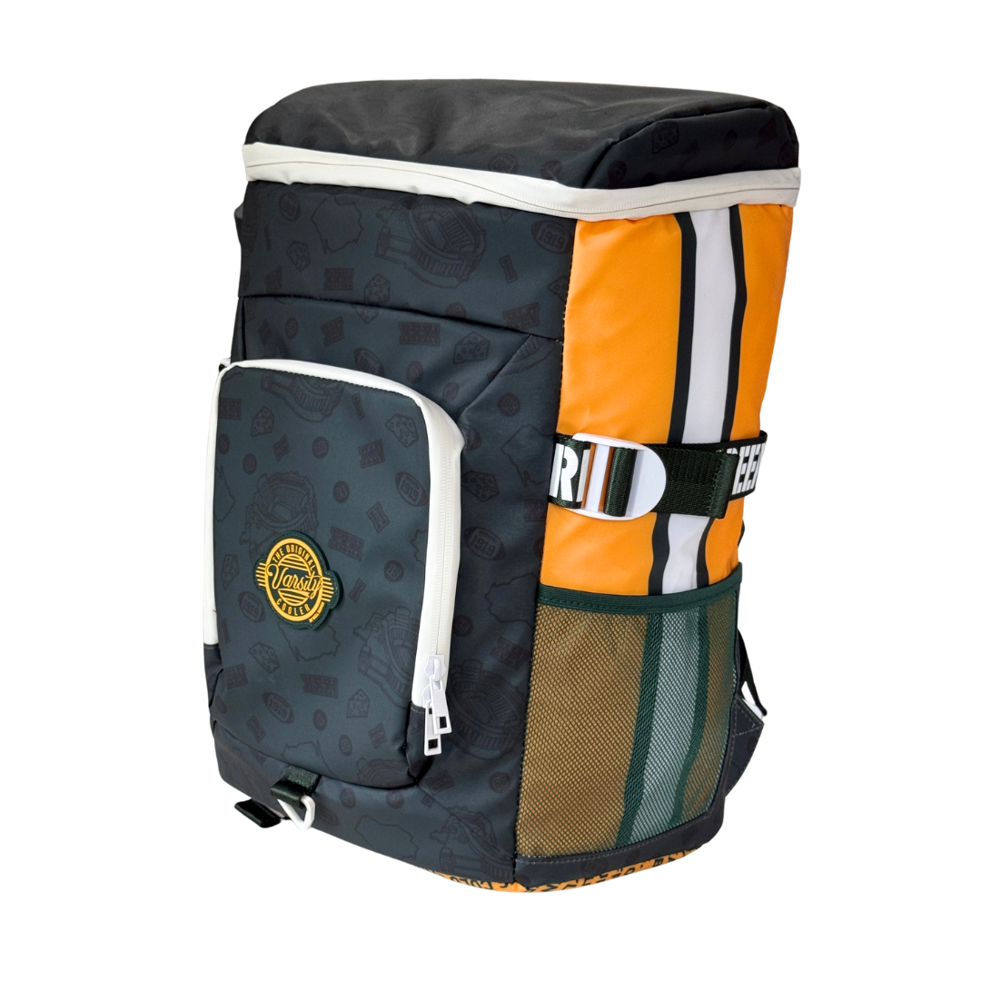 Green-Bay-backpack-cooler-in-green-and-gold-with-cream-trim-and-city-inspired-artwork.