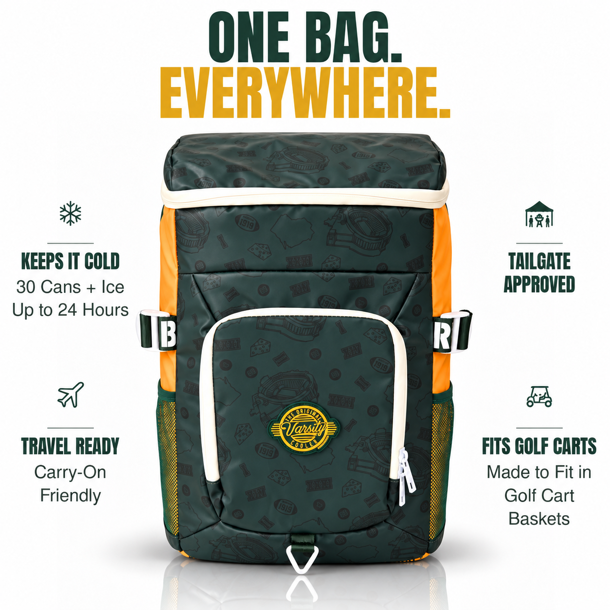 Green-Bay-backpack-cooler-for-tailgates,-travel-and-golf,-holding-30-cans-plus-ice.