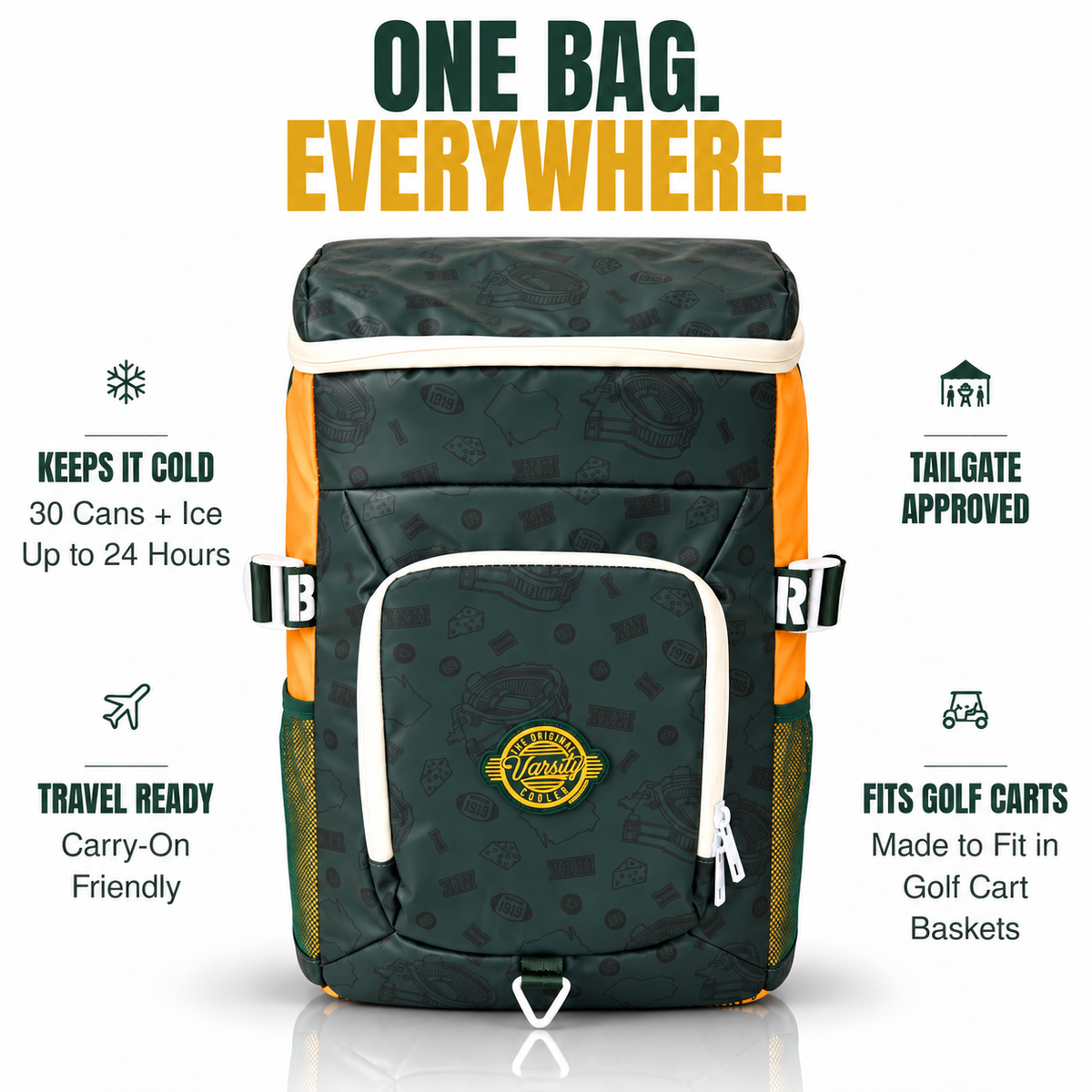 Green Bay backpack cooler for tailgates, travel and golf, holding 30 cans plus ice.