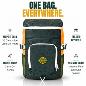 Green-Bay-backpack-cooler-for-tailgates,-travel-and-golf,-holding-30-cans-plus-ice.