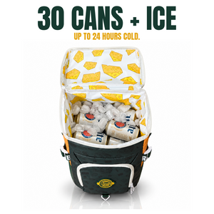 Green-Bay-backpack-cooler-open-with-ice-cold-cans-and-a-cheese-pattern-liner.