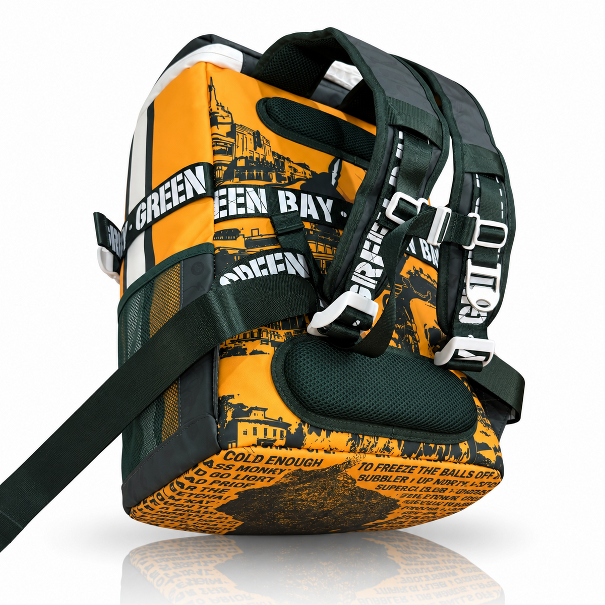 Green Bay backpack cooler harness with adjustable padded shoulder straps, chest buckle and back padding.