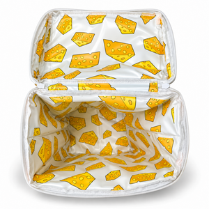 Open-Green-Bay-backpack-cooler-showing-the-yellow-cheese-pattern-interior-liner.