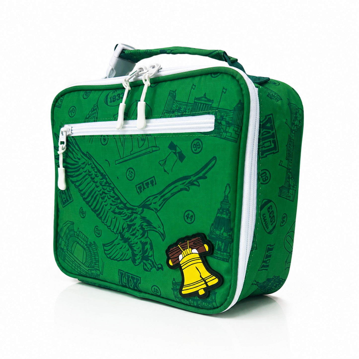 Kelly green Philadelphia football lunch cooler with Liberty Bell rubber patch