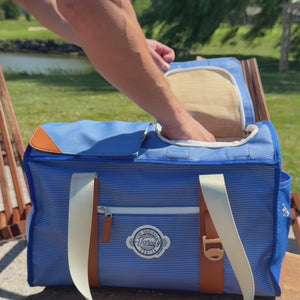 Course Cruiser feature demonstration showing dual compartments, magnetic access, shoe storage and golf-cart use.