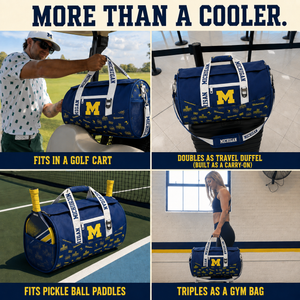 A-four-panel-promotional-collage-showing-a-blue-and-yellow-Michigan-Wolverines-duffel-bag-in-different-use-cases.-The-top-text-reads-'MORE-THAN-A-COOLER.
